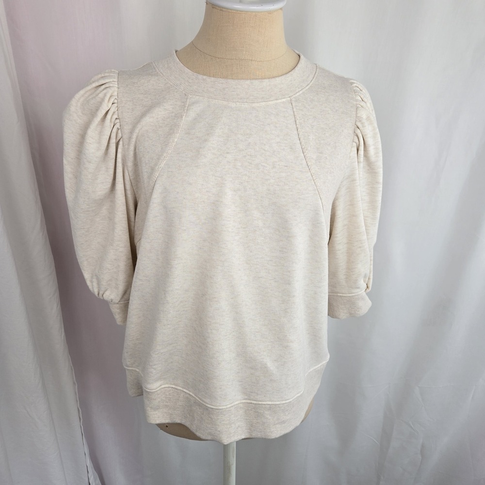 Maeve Anthropologie Short Puffed Sleeved Fleece Sweatshirt Size XL Beige Shirt
